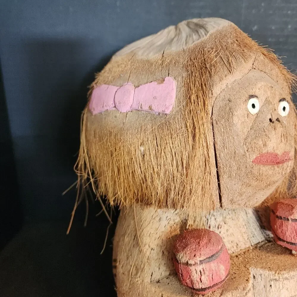Vintage Carved Coconut, Figure Holding Maracas, Folk Art, Tiki Bar